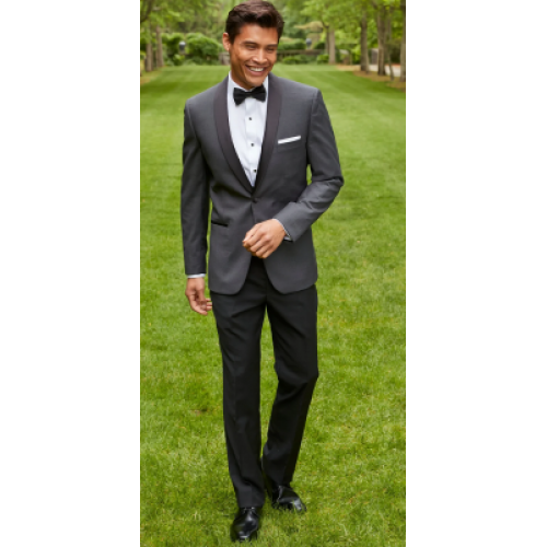 Couture 1910 Stretch 1-Button Charcoal with Black Shawl Lapel Coat and Contrasting Black Pants